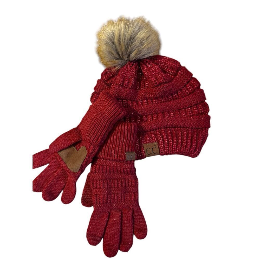 C. C. Exclusives Womens OS Knitted Tobaggan Pom Pom & Glove Set Burgundy Red